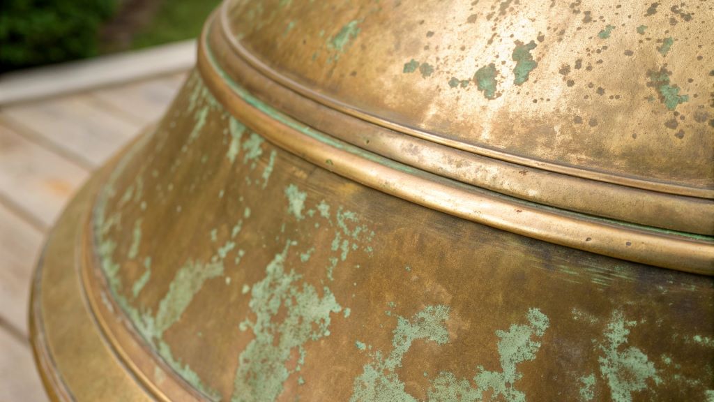 Close-up of unlacquered brass surface showing natural patina forming, illustrating why brass loses its shine over time