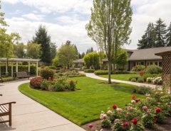 A peaceful care home garden with residents sitting on benches surrounded by flowers and greenery, showing how outdoor spaces can support wellbeing and sustainable living.