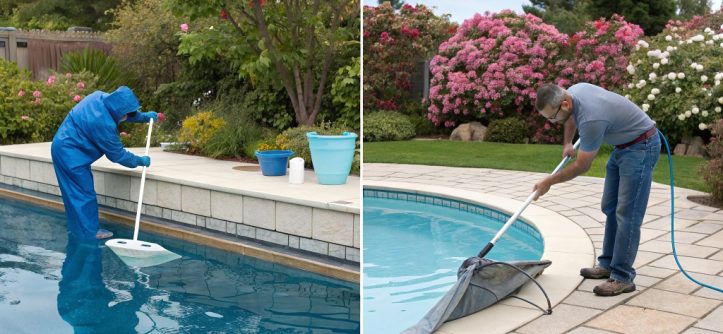 Comparison of spring vs. fall pool maintenance showing seasonal cleaning, chemical balancing, and preparation tips for pool care.