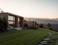 It specifies that the image is a close-up photograph showing blueprints, architectural drawings, and models on a table, which are the typical visual elements one would expect with a title about the design process.