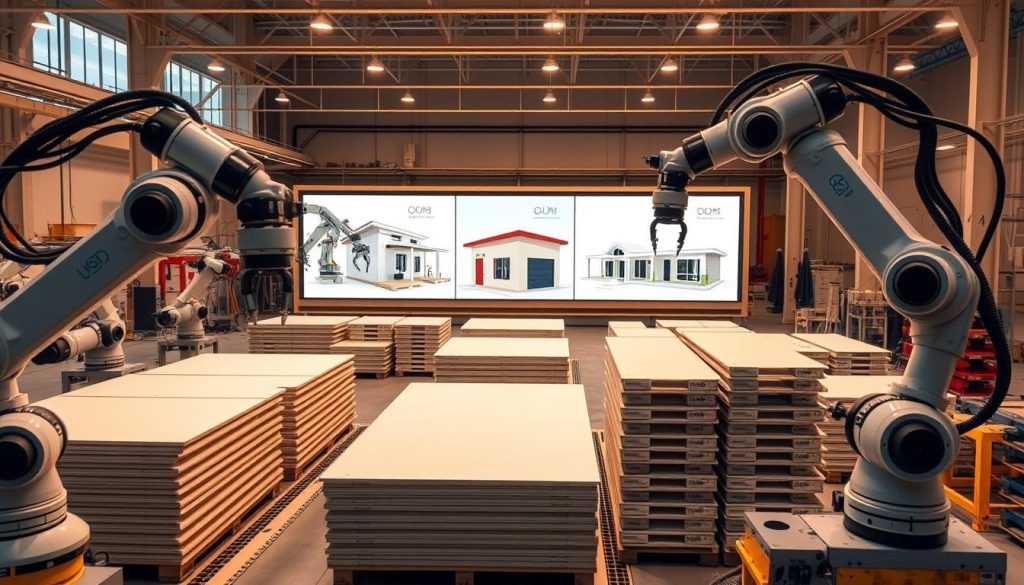A partially assembled prefabricated home section being lifted by a crane, illustrating efficient, technology-driven modular building.