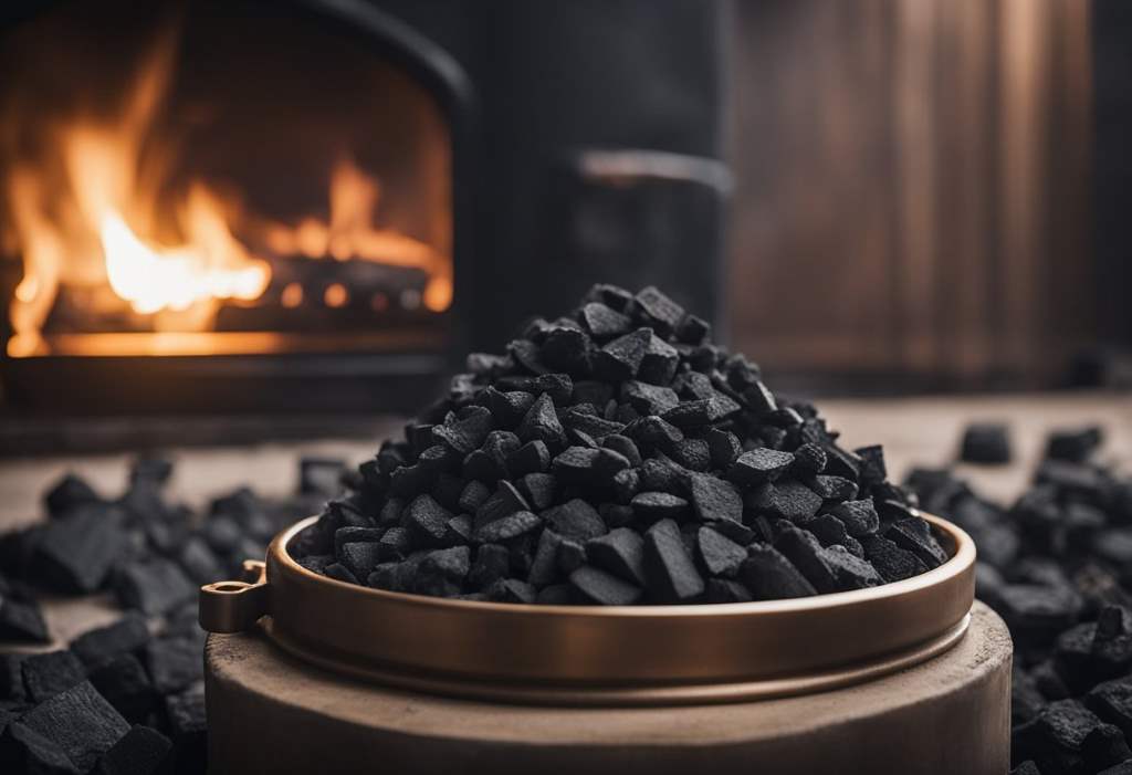 Bowl of activated charcoal absorbing fireplace smoke smell on a table