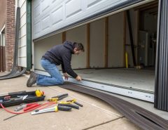 Person replacing weatherstripping on a garage door to improve insulation and energy efficiency.