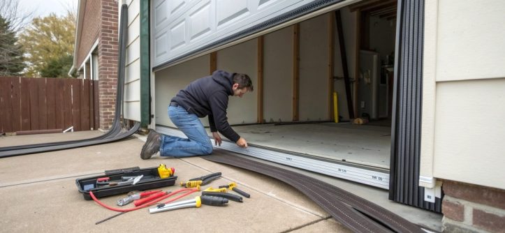 Person replacing weatherstripping on a garage door to improve insulation and energy efficiency.