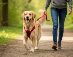 Energetic golden retriever in a red no-pull harness trotting calmly beside owner on a leafy park trail.