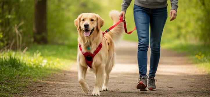 Energetic golden retriever in a red no-pull harness trotting calmly beside owner on a leafy park trail.