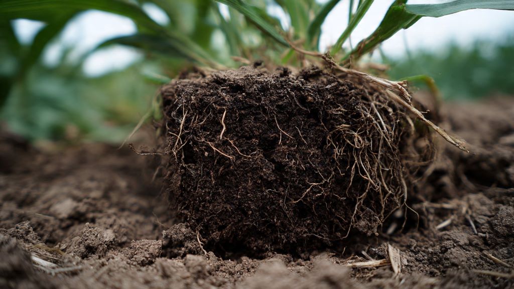 Close-up of dense, hard soil clump showing signs of compaction and poor soil structure affecting plant root growth