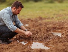 Gardener examining compacted soil with visible water pooling on the surface indicating poor drainage and aeration problems