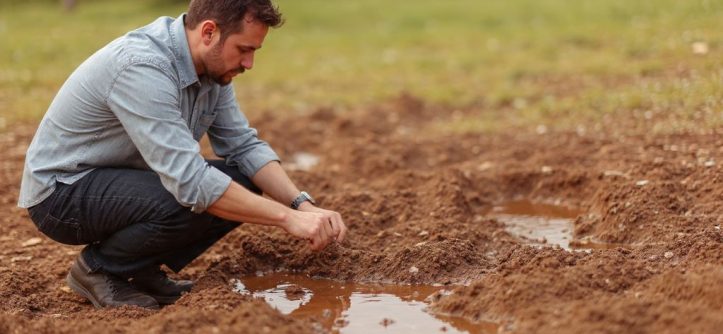 Gardener examining compacted soil with visible water pooling on the surface indicating poor drainage and aeration problems