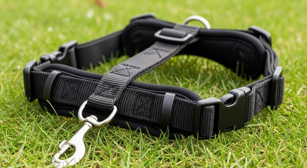 Energetic golden retriever in a red no-pull harness trotting calmly beside owner on a leafy park trail.