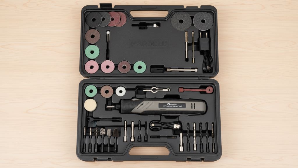 HARDELL 4V rotary tool kit with 69 accessories spread out in organized case.
