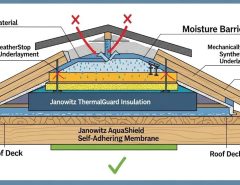 Cross-section diagram showing Janowitz roofing moisture barrier layers protecting roof deck from water infiltration