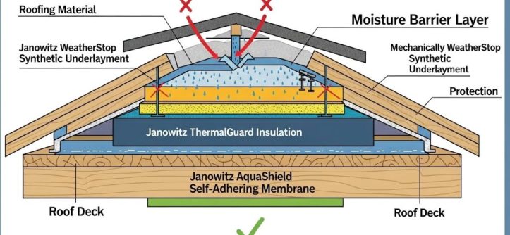 Cross-section diagram showing Janowitz roofing moisture barrier layers protecting roof deck from water infiltration