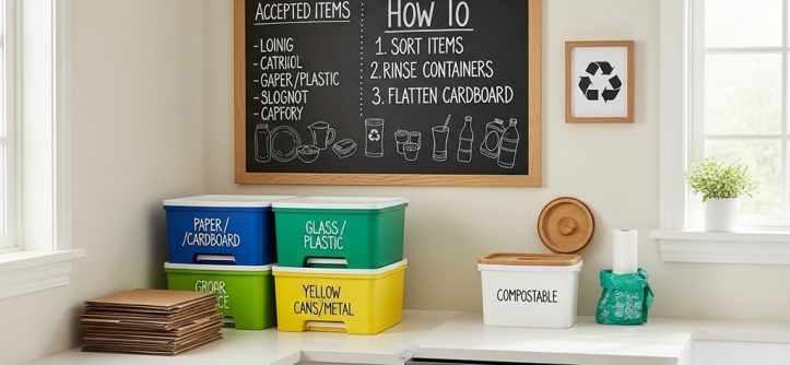 Home recycling station with labeled bins for plastic paper and glass
