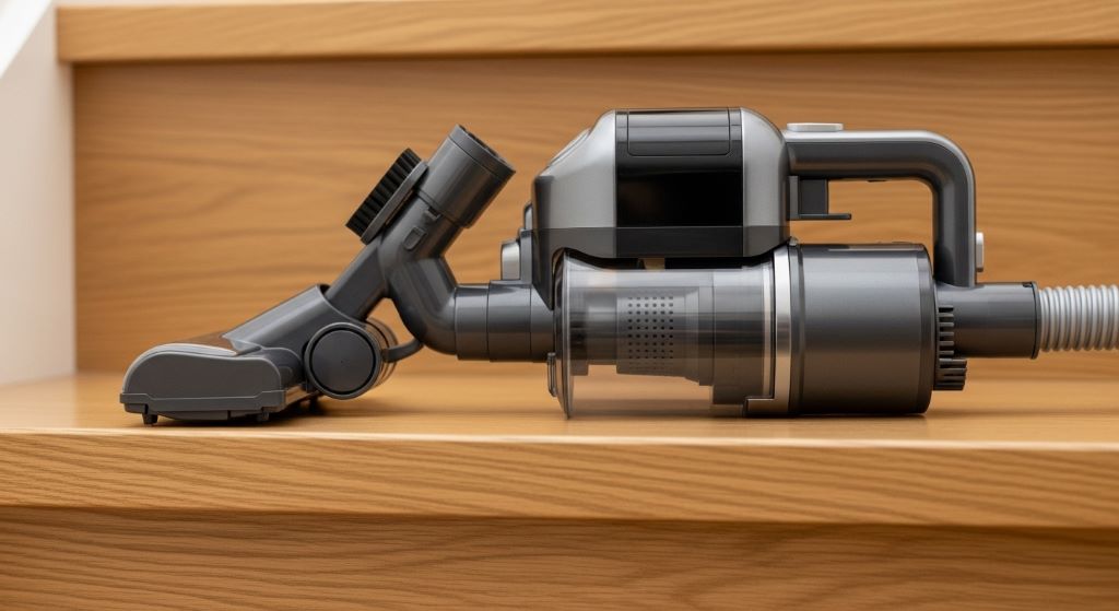 Close-up of a compact stick vacuum with stair attachments resting on a wooden staircase step