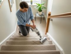 A person using a lightweight cordless handheld vacuum to clean carpeted stairs in a small home