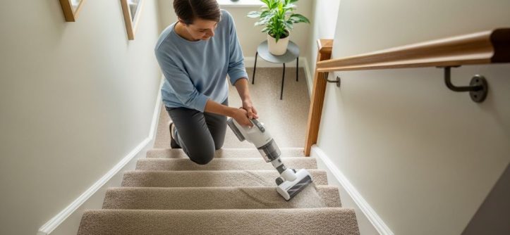 A person using a lightweight cordless handheld vacuum to clean carpeted stairs in a small home