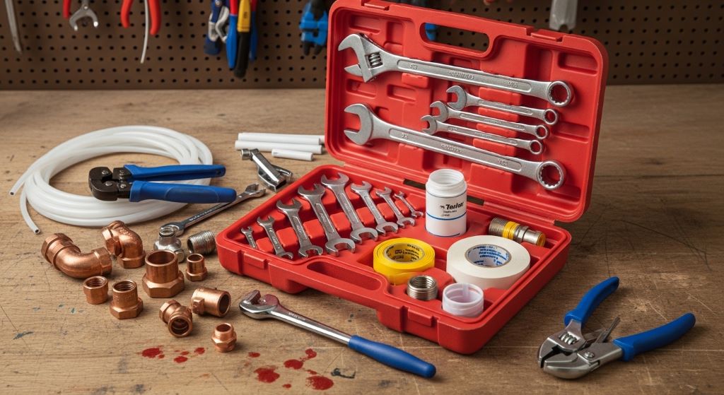 An open plumbing repair kit with wrenches, tape, and replacement parts laid out on a workbench