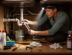 A homeowner using home repair tools to fix a leaking pipe under a kitchen sink