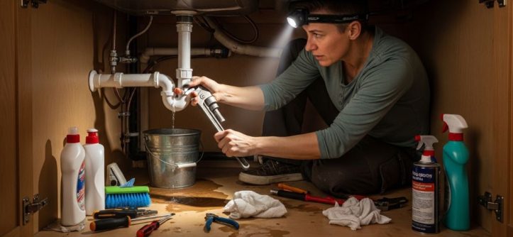 A homeowner using home repair tools to fix a leaking pipe under a kitchen sink