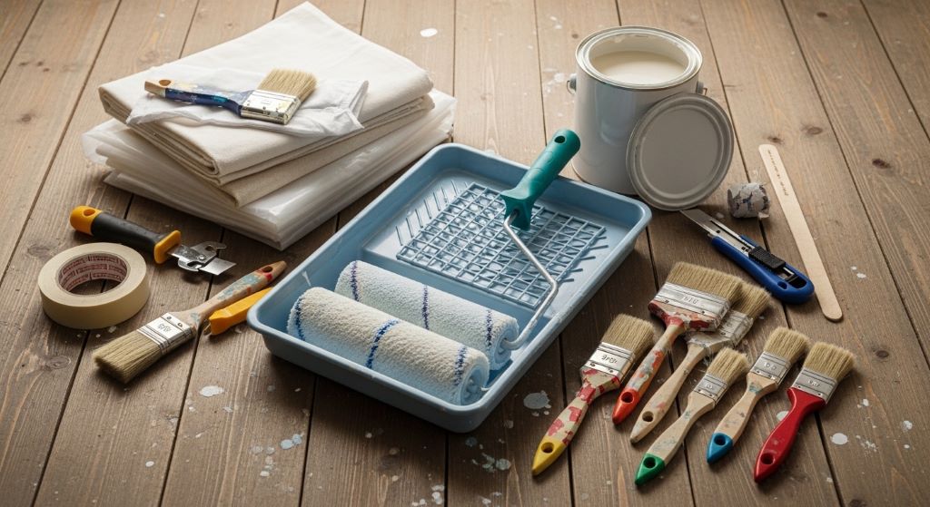 An assortment of essential home painting tools including brushes, rollers, a paint tray, and drop cloths laid out on a wooden floor