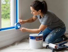 A DIY painter applying blue painter's tape along a window frame before painting a white interior wall