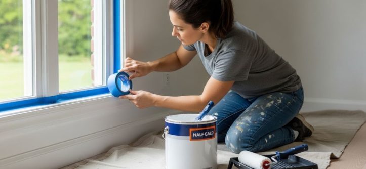 A DIY painter applying blue painter's tape along a window frame before painting a white interior wall