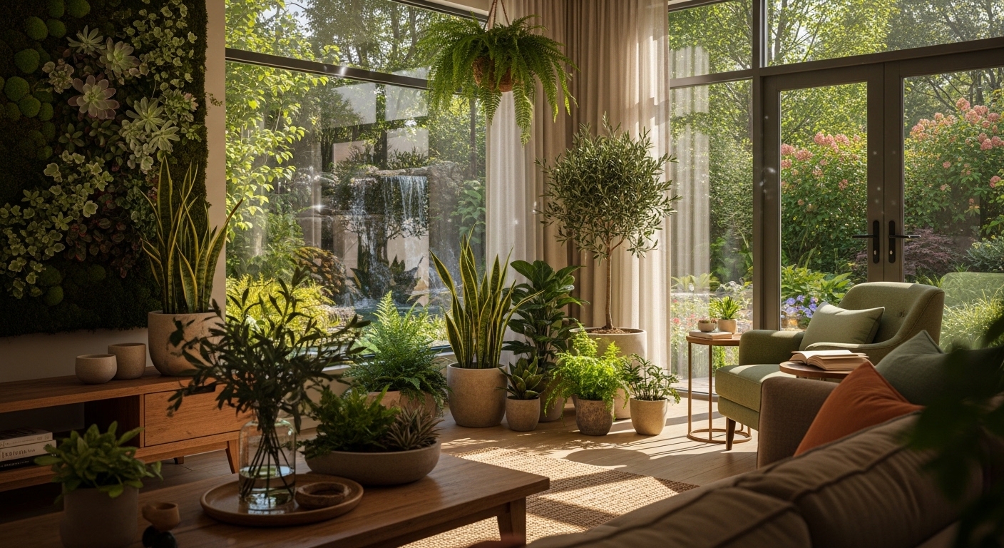 Modern apartment interior using wood textures and greenery