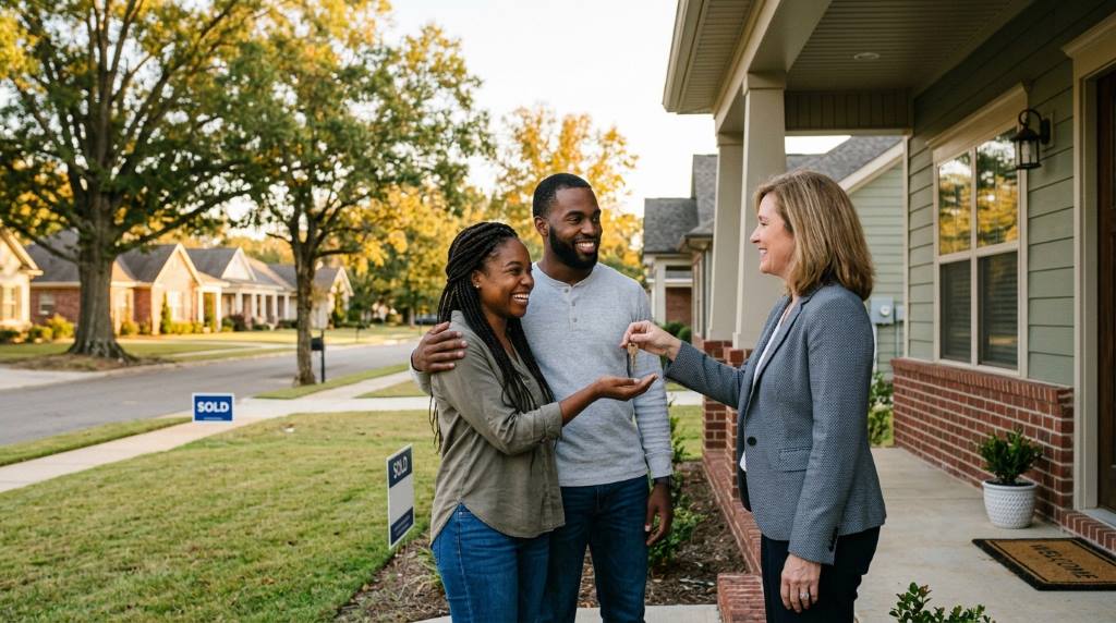 Alabama family reviewing mortgage and down payment assistance documents in modern home office