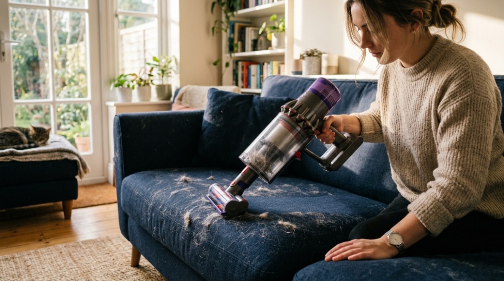 Close-up of Dyson vacuum cleaner heads on carpet and wood floors.