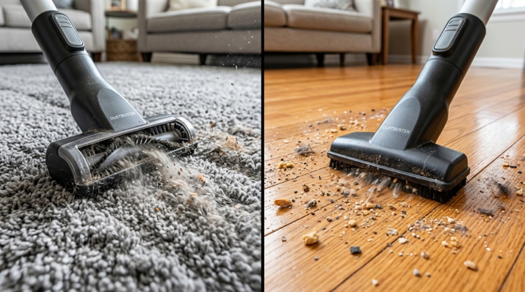 Split-screen of a Hoover vacuum cleaning pet hair on carpet and debris on hardwood flooring.