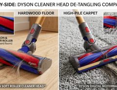 Dyson cordless vacuum next to a dog on a rug with pet hair.