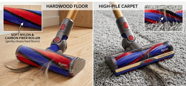 Dyson cordless vacuum next to a dog on a rug with pet hair.