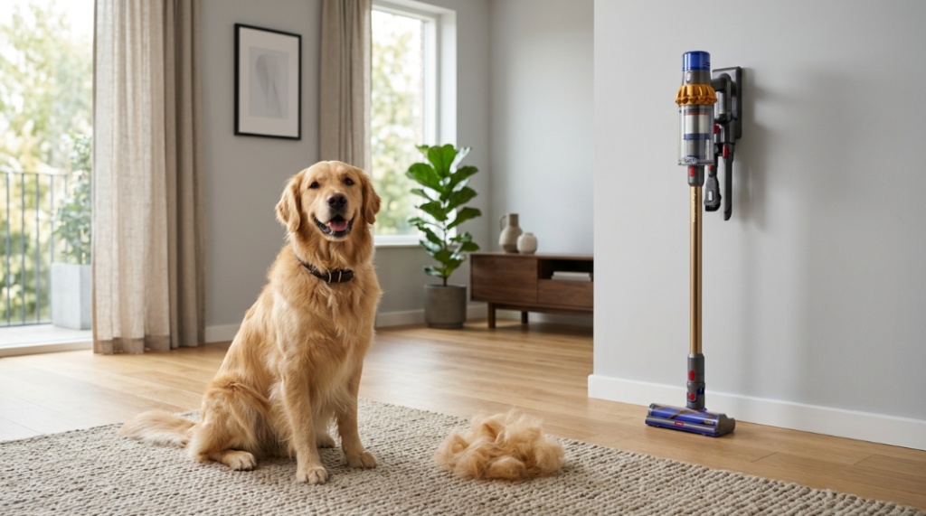 Handheld Dyson vacuum tool cleaning pet hair off a blue sofa.