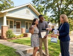First-time homebuyer receiving down payment assistance Alabama support during house purchase meeting