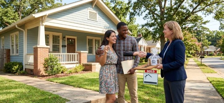 First-time homebuyer receiving down payment assistance Alabama support during house purchase meeting