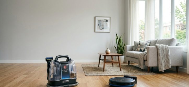 Modern Hoover upright and cordless stick vacuum cleaners in a bright living room.