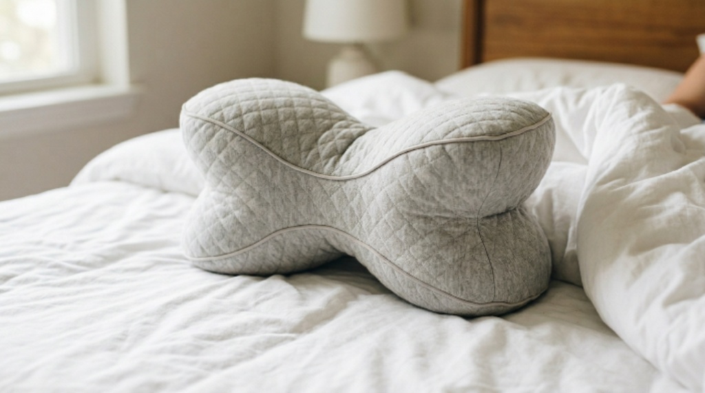 Close-up of an hourglass-shaped leg pillow designed for side sleepers on a white bed