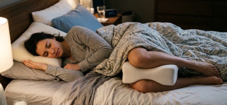 A side sleeper lying in bed with a contoured memory foam knee pillow placed between both knees
