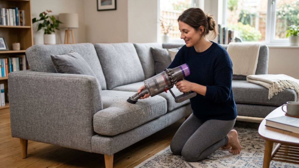 Close-up of a compact vacuum crevice tool removing dust and crumbs from between sofa cushions