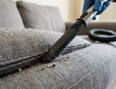 A person using a lightweight cordless vacuum cleaner with an upholstery attachment to clean a grey fabric sofa