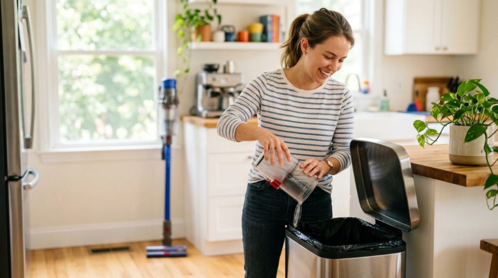 A person easily emptying a clear dustbin canister of a Hoover vacuum into a kitchen trash can.