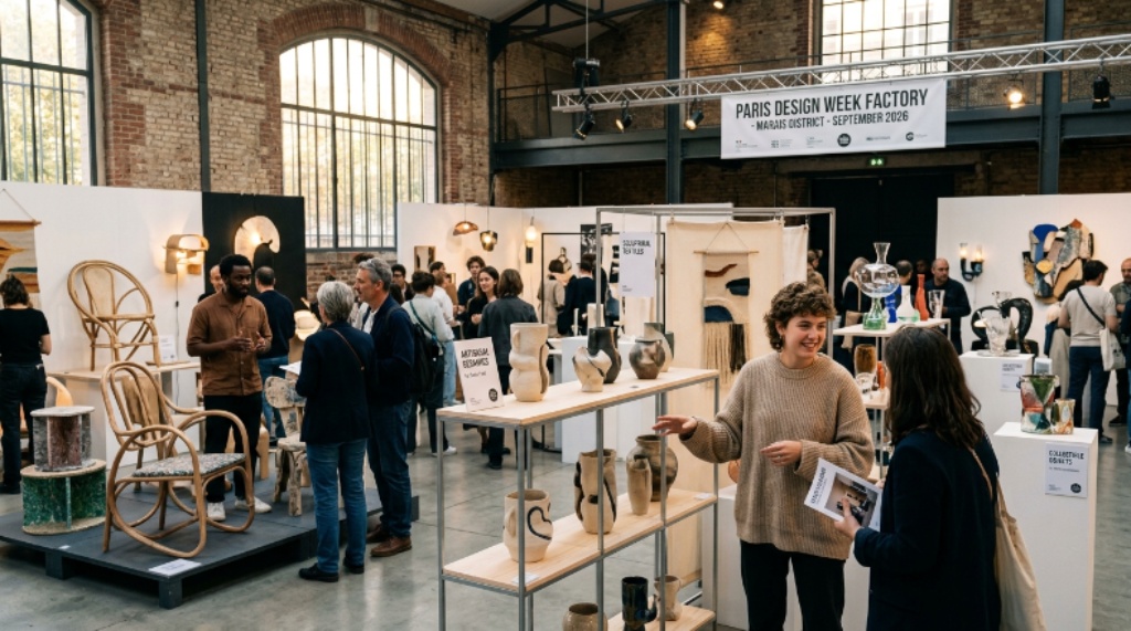 Emerging designers showcasing collectible and craft objects at Paris Design Week Factory in the Marais district, September 2026