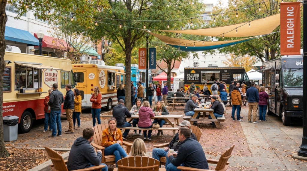 Food trucks and outdoor seating in the courtyard at Southern Ideal Home Show Fall 2026 Raleigh NC