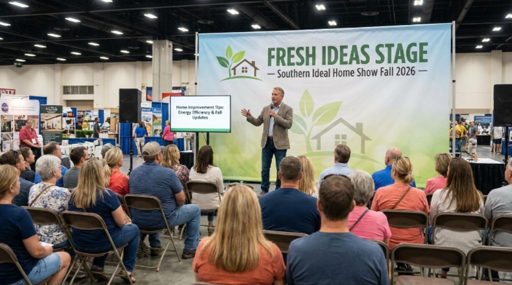 Expert speaker presenting home improvement tips on the Fresh Ideas Stage at Southern Ideal Home Show Fall 2026