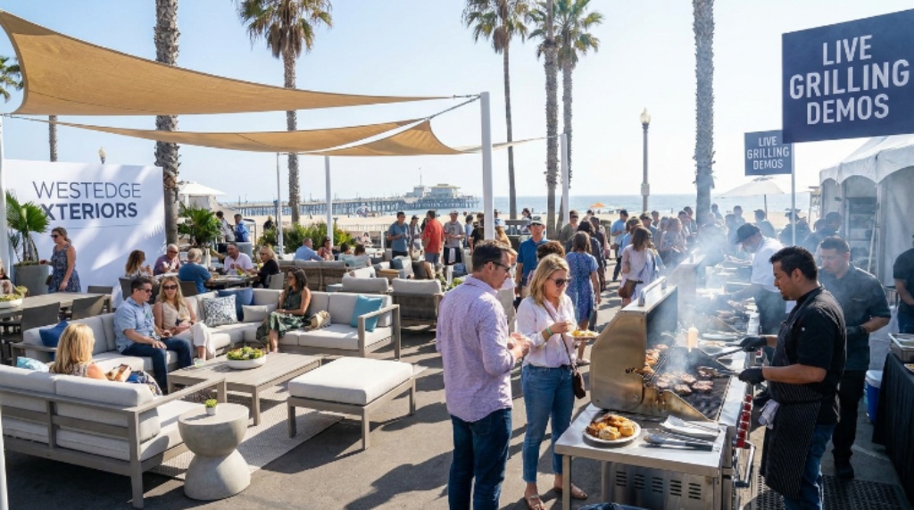 Guests enjoying outdoor furniture vignettes and live grilling demonstrations at the WestEdge Xteriors feature area during the 2026 design fair in Santa Monica