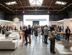 Visitors browsing furniture and lighting displays from premium design brands at the WestEdge Design Fair 2026 inside the Barker Hangar in Santa Monica, California