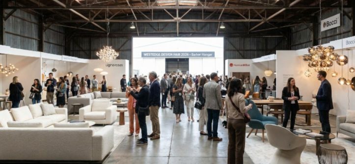 Visitors browsing furniture and lighting displays from premium design brands at the WestEdge Design Fair 2026 inside the Barker Hangar in Santa Monica, California
