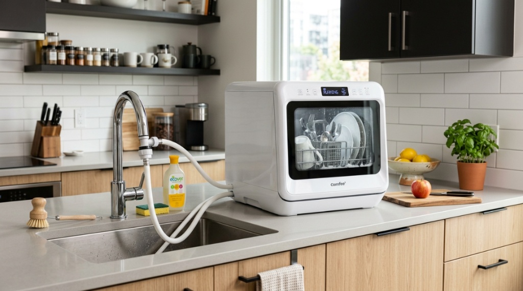 Small countertop dishwasher connected to a kitchen faucet in an apartment.