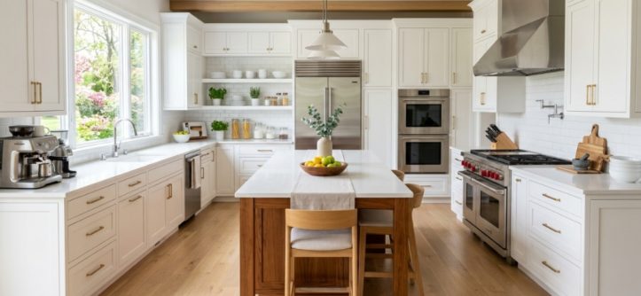 A sunlit, clean quartz kitchen island with small vase and white towels.